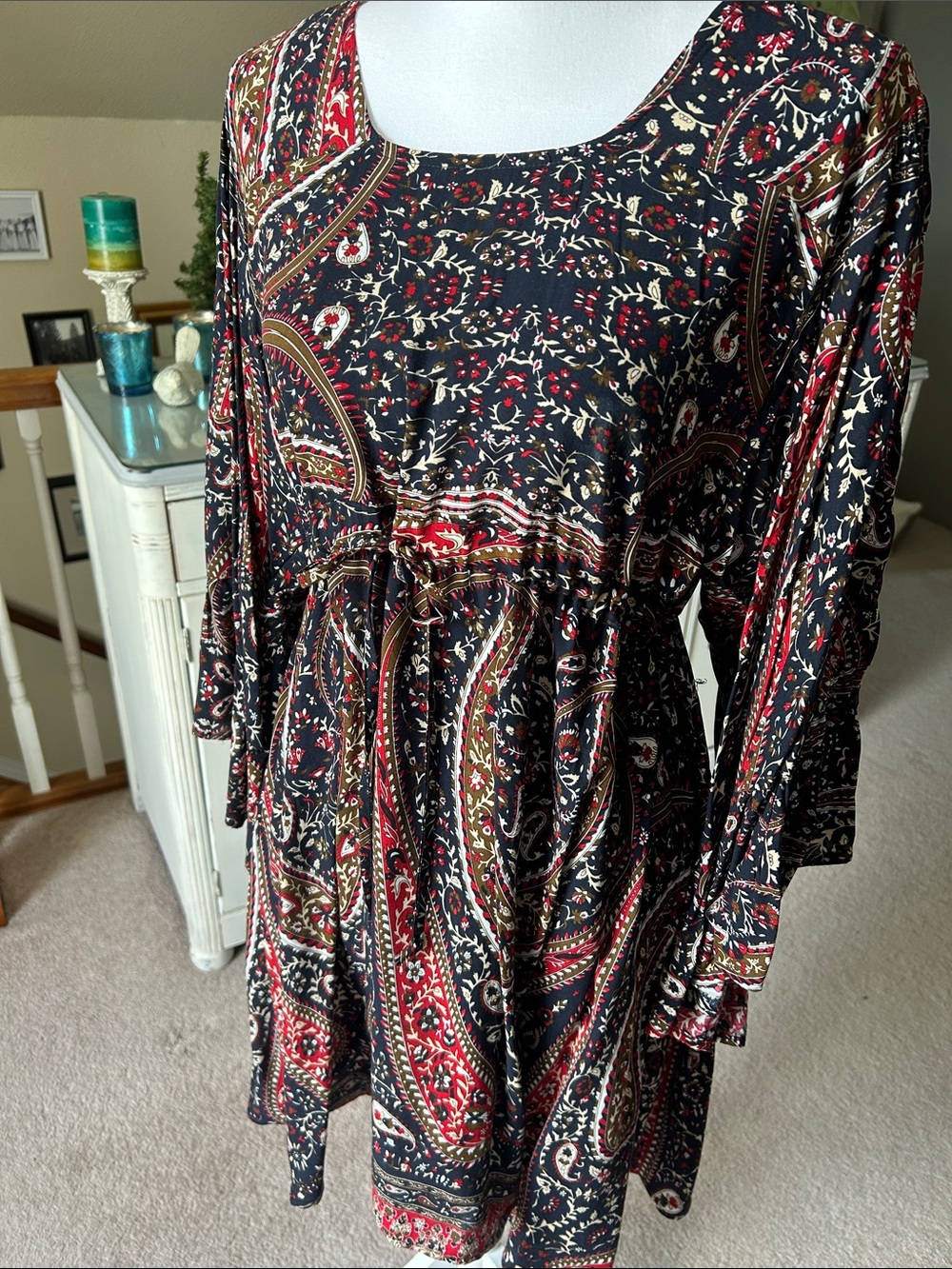 Southern Stitch Women’s Navy & Red Floral Paisley Bell Sleeve Dress/Tunic size L